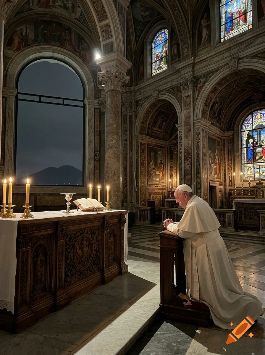 Pope Francis kneeling and praying inside an ornate church interior with lit candles on a wooden altar and a view of a mountain through a large arched window at twilight.