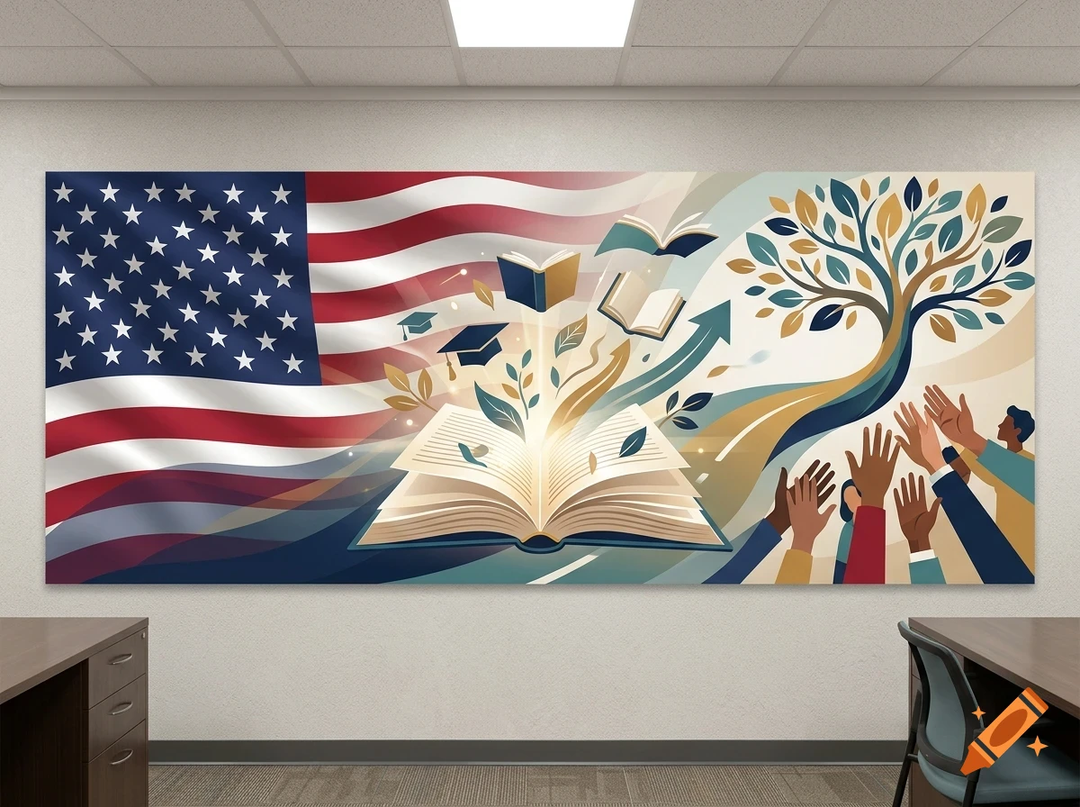 An illustrated wall banner features an American flag, an open book sprouting graduation caps and leaves, a stylized tree of knowledge, and a crowd with raised hands.
