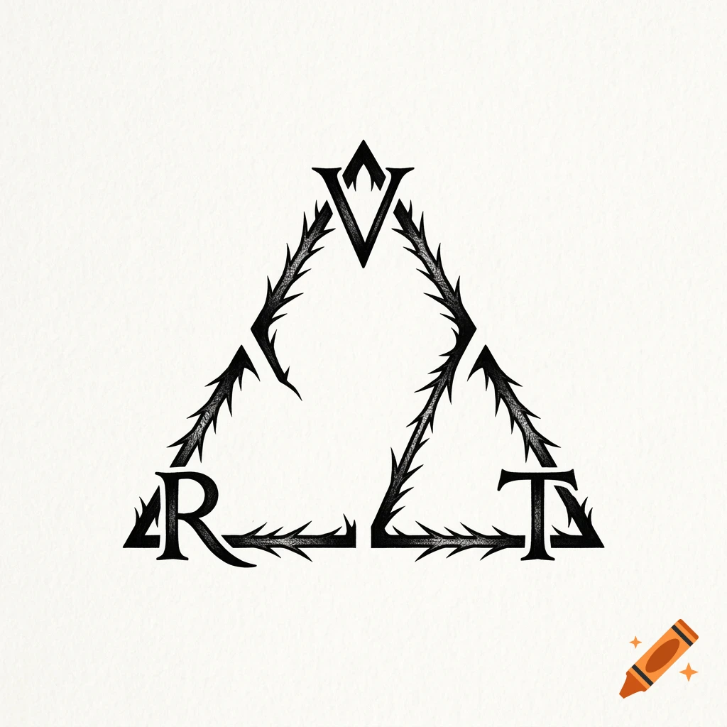 A black and white graphic design featuring a thorny triangular frame enclosing the letters R, V, and T.