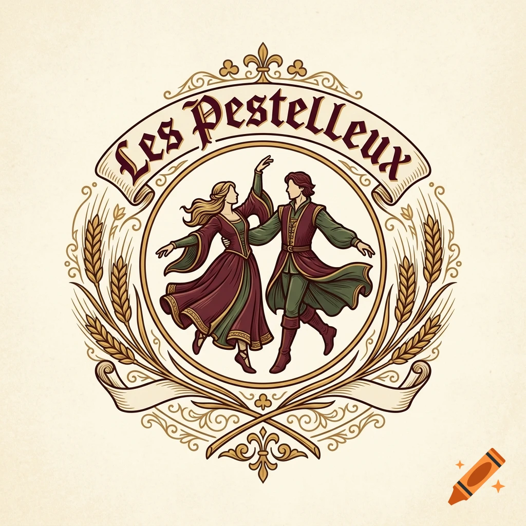 Vintage medieval style logo featuring a dancing couple inside a wheat wreath with the text Les Pestelleux