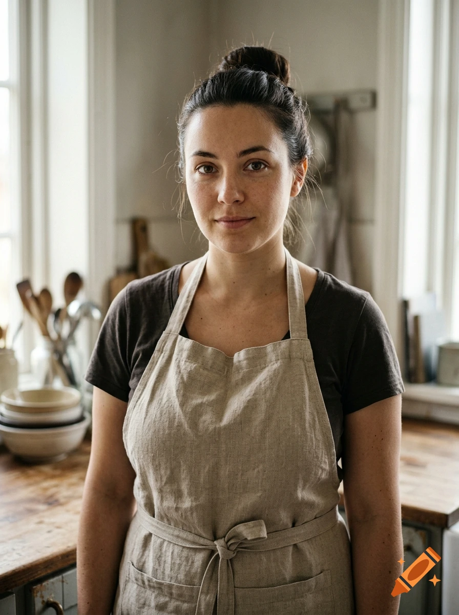 A woman wearing a tan apron stands in a rustic kitchen.