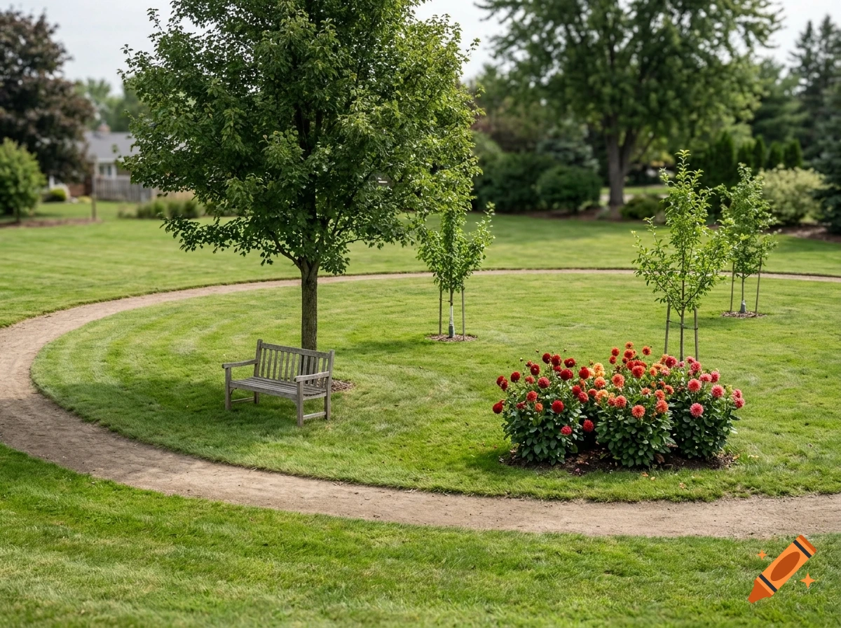 A lush green backyard with a curving dirt path, a wooden bench under a tree, and a cluster of red and orange flowers.