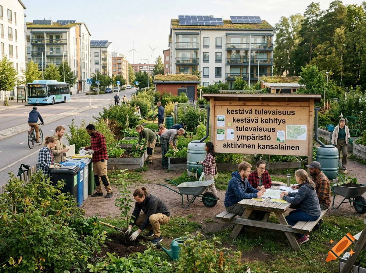 A community garden in an urban area with people planting, sorting recycling, and gathering around a picnic table near a large information board.