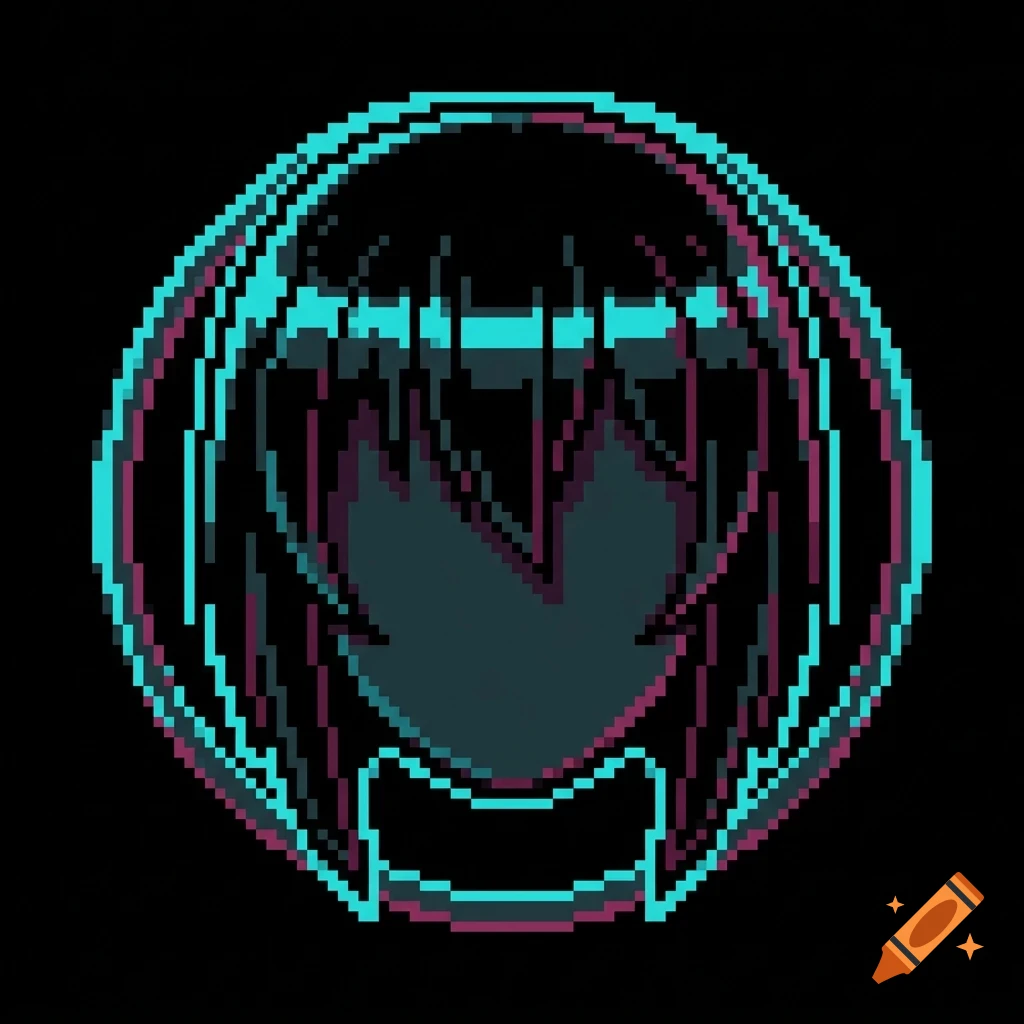 Pixel art portrait of a character with long hair enclosed in a glowing blue circular frame on a black background.