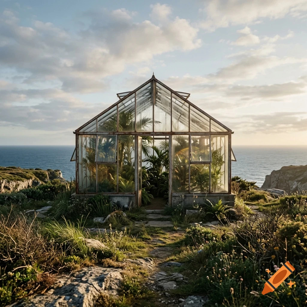 An antique glass greenhouse filled with lush green plants standing on a grassy cliff overlooking the ocean under a cloudy sky.