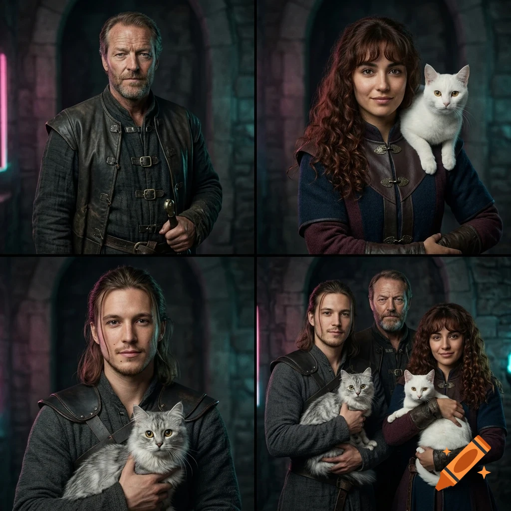 A multi-panel composite image showcasing portraits of three people and cats in medieval-style attire inside a stone interior.