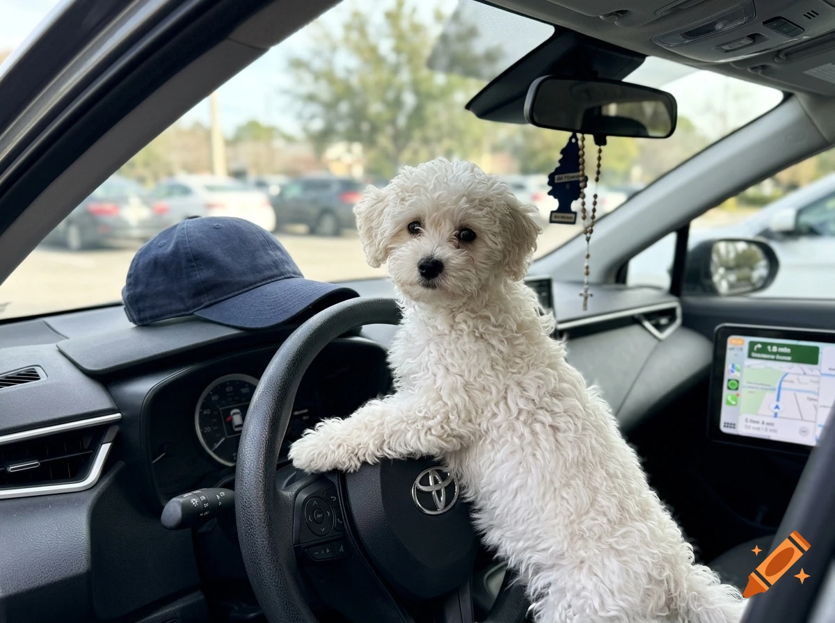 A small white poodle puppy sitting in the driver's seat of a car, holding onto the steering wheel.
