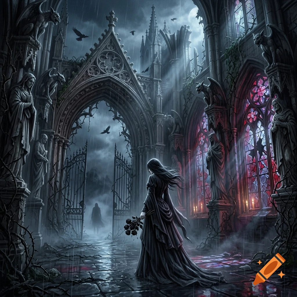 Gothic cathedral ruins in the rain with gargoyles, a woman in a black dress holding a rose, and a ghostly figure in the distance, digital art style.