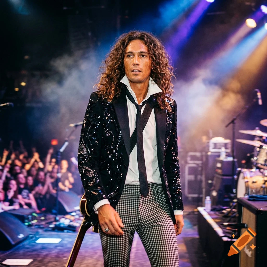 A long-haired male performer on a stage with concert lights and a crowd in the background.