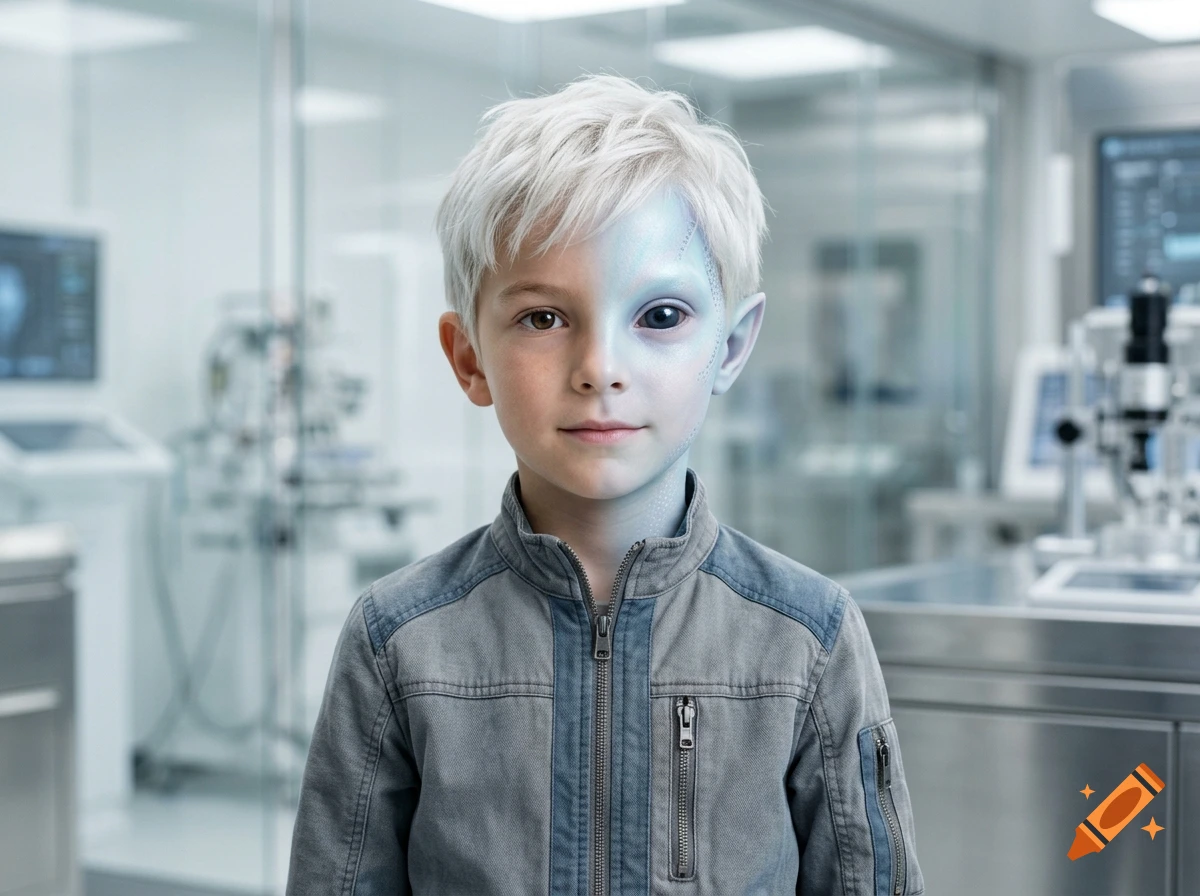 Photorealistic portrait of an 8-year-old half-human, half-alien boy with white hair and one dark alien eye, in a futuristic laboratory.