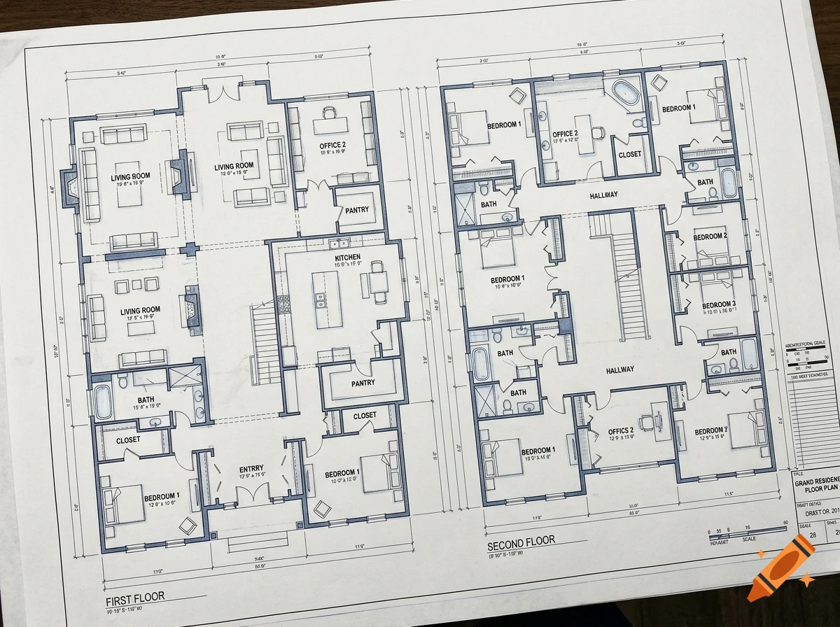 An architectural floor plan showing the first and second floors of a large residential home.