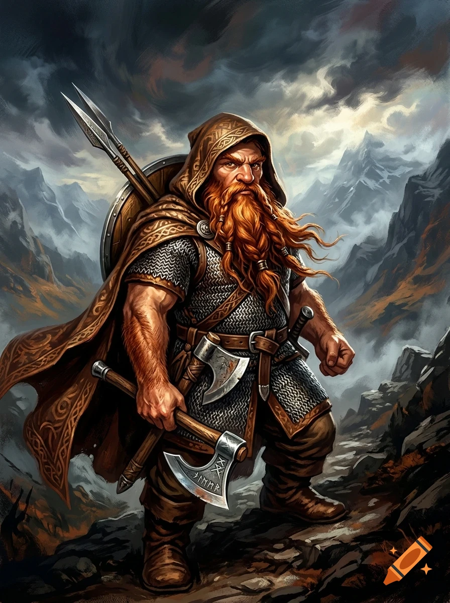 A bearded dwarf warrior in chainmail, cloak, and hood holding an axe, with spears and mountains in the background.