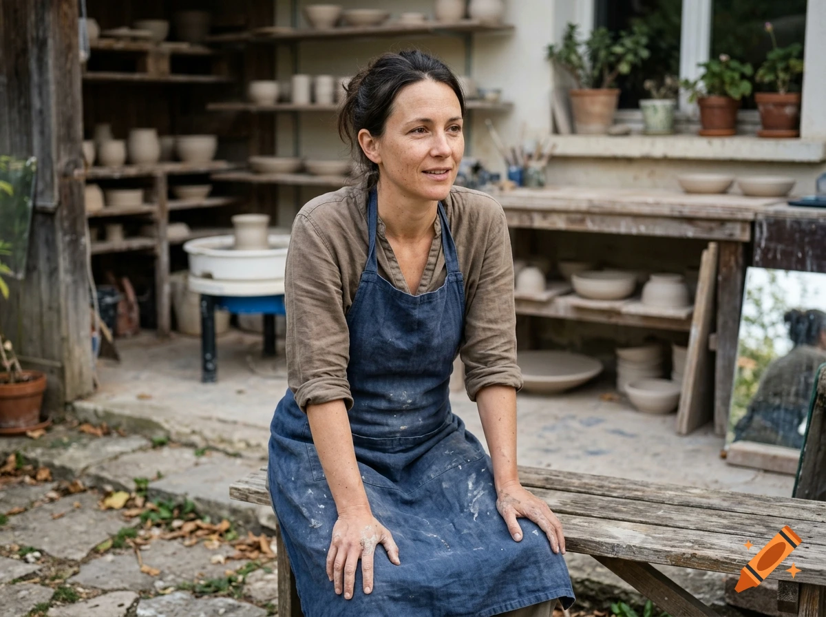 A woman wearing a blue apron sits on a wooden bench outside a pottery workshop filled with shelves of ceramic pieces.
