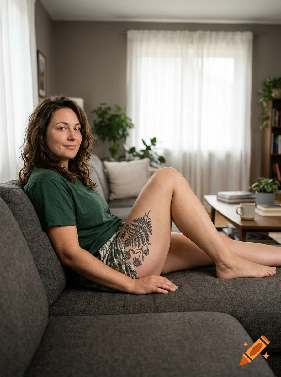 A woman with wavy brown hair wearing a green t-shirt and patterned shorts is sitting on a grey sofa indoors, with a floral tattoo on her thigh.