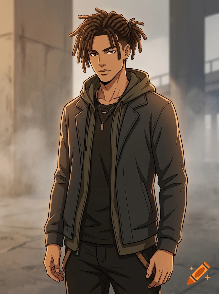 Anime style illustration of a lean male character with short brown dreadlocks and tan skin wearing a jacket.