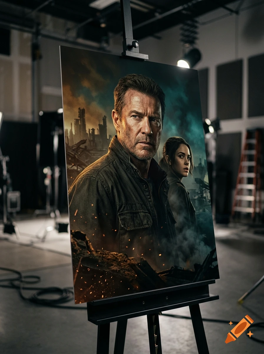 A photorealistic movie poster on an easel in a studio, showing a rugged man and a woman in a post-apocalyptic cityscape.