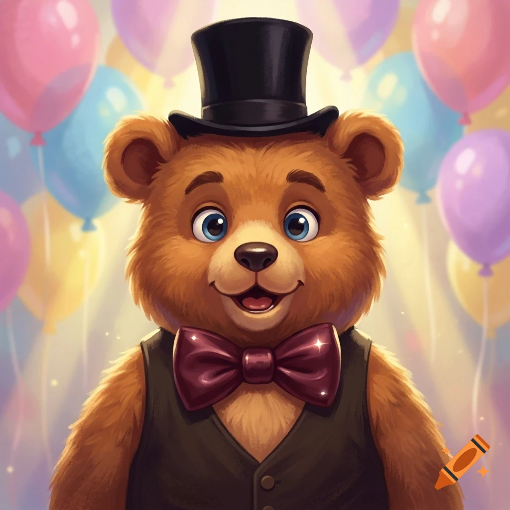 A friendly brown teddy bear wearing a black top hat, dark vest, and bow tie, positioned in front of colorful balloons.