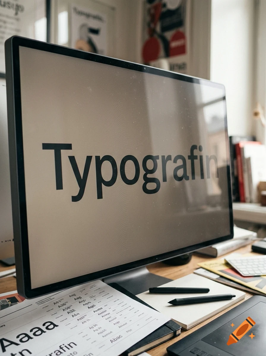 A computer monitor displaying the word Typografin on its screen, set on a wooden desk with papers, pens, and design tools.