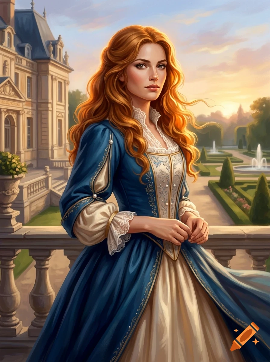 Portrait of a woman with long red hair wearing a blue and white historical gown on a stone balcony with a grand estate and gardens in the background.