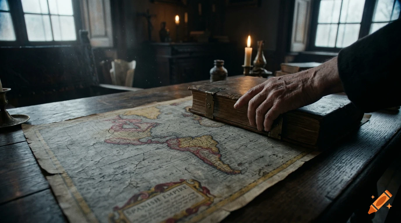An aged hand rests on a large, leather-bound book placed on a wooden desk next to an antique map of the Spanish Empire and a lit candle inside a dimly lit room.