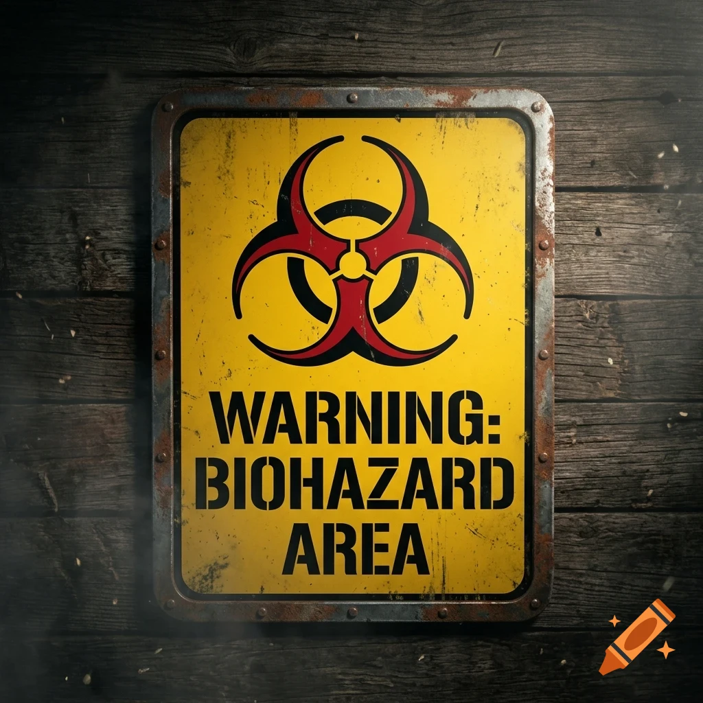 A weathered yellow and red biohazard warning sign mounted on a dark wooden wall.