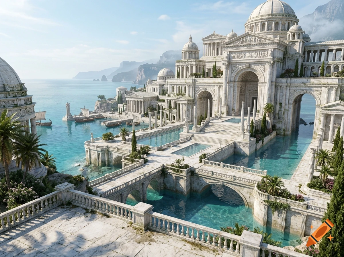 Photorealistic view of a grand white marble city on the coast with pools, bridges, and classic architecture.