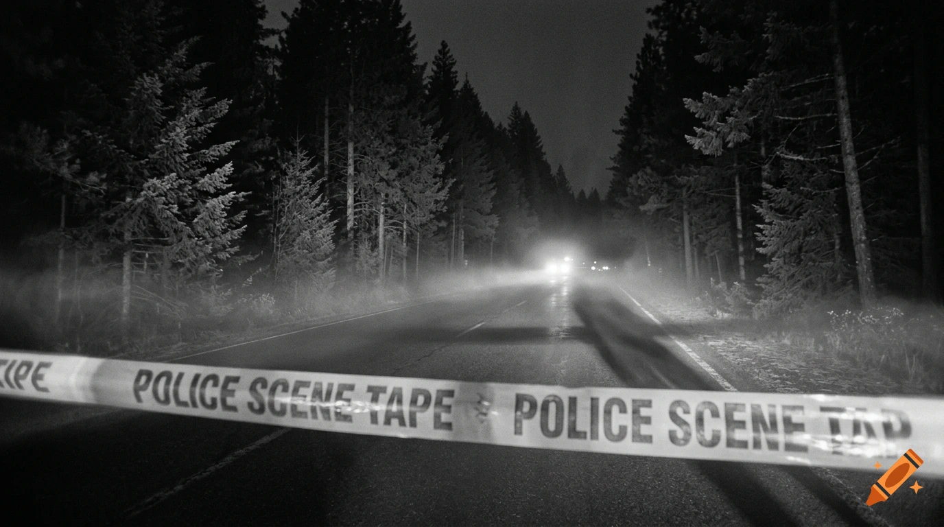 Black and white documentary photograph of a dark foggy pine highway at night with police tape in the foreground.