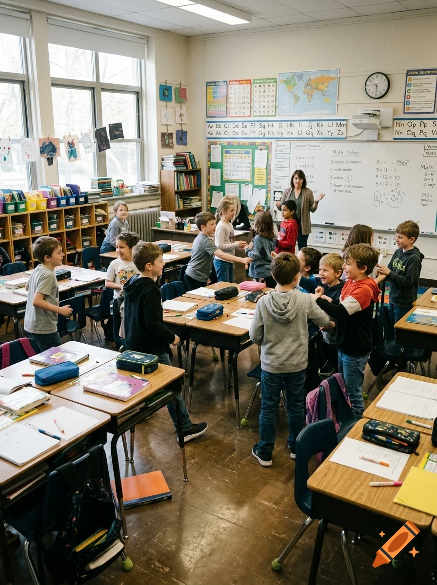 A busy elementary school classroom filled with children standing and interacting around their desks while a teacher stands near the whiteboard.