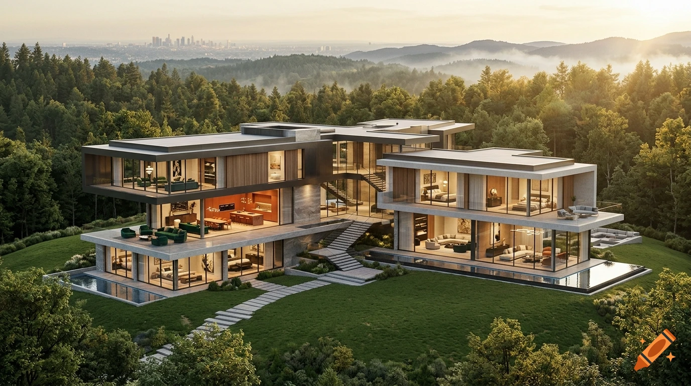 A photorealistic ultra-modern luxury mansion with floor-to-ceiling glass windows, set in a lush green forest with a distant city view.