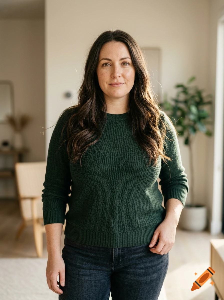Photorealistic portrait of a woman with dark hair and light brown eyes wearing a green sweater and dark jeans indoors.