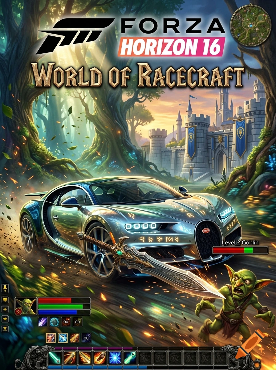An advertising poster for Forza Horizon 16 set in a fantasy World of Warcraft landscape with a hypercar wielding a sword.