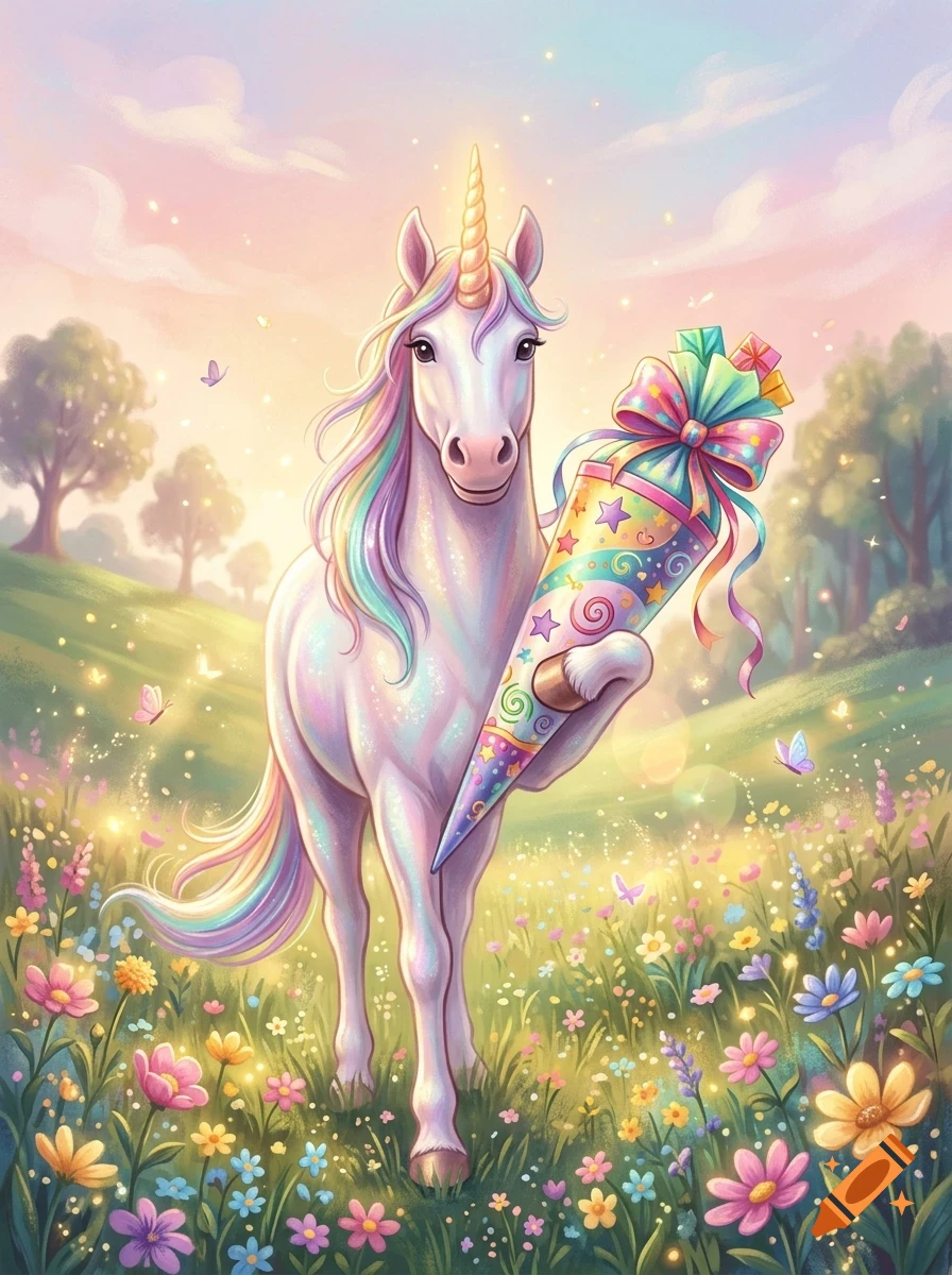 A whimsical white unicorn with a rainbow mane and horn holding a brightly decorated school cone in a magical meadow filled with flowers.