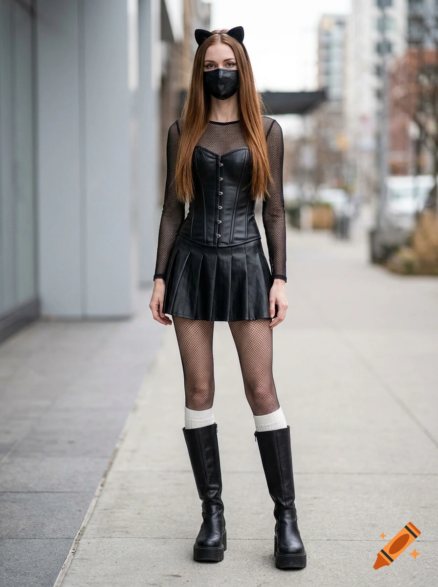 A full-length photo of a person wearing an alternative outfit including cat ears, fishnet top and tights, black corset, leather skirt, and tall boots on a city street.