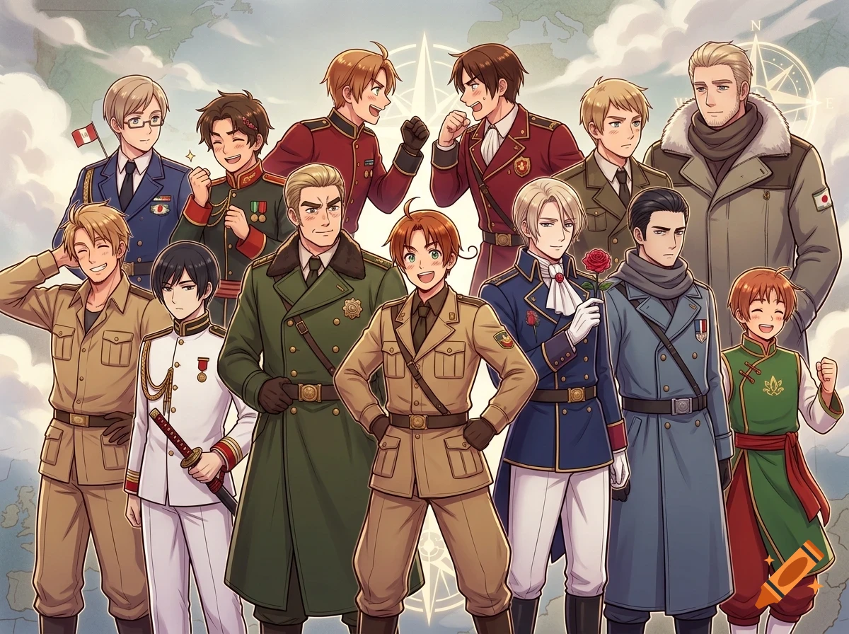 An anime-style group illustration featuring multiple characters in various historical military uniforms standing together against a cloudy sky and world map background.