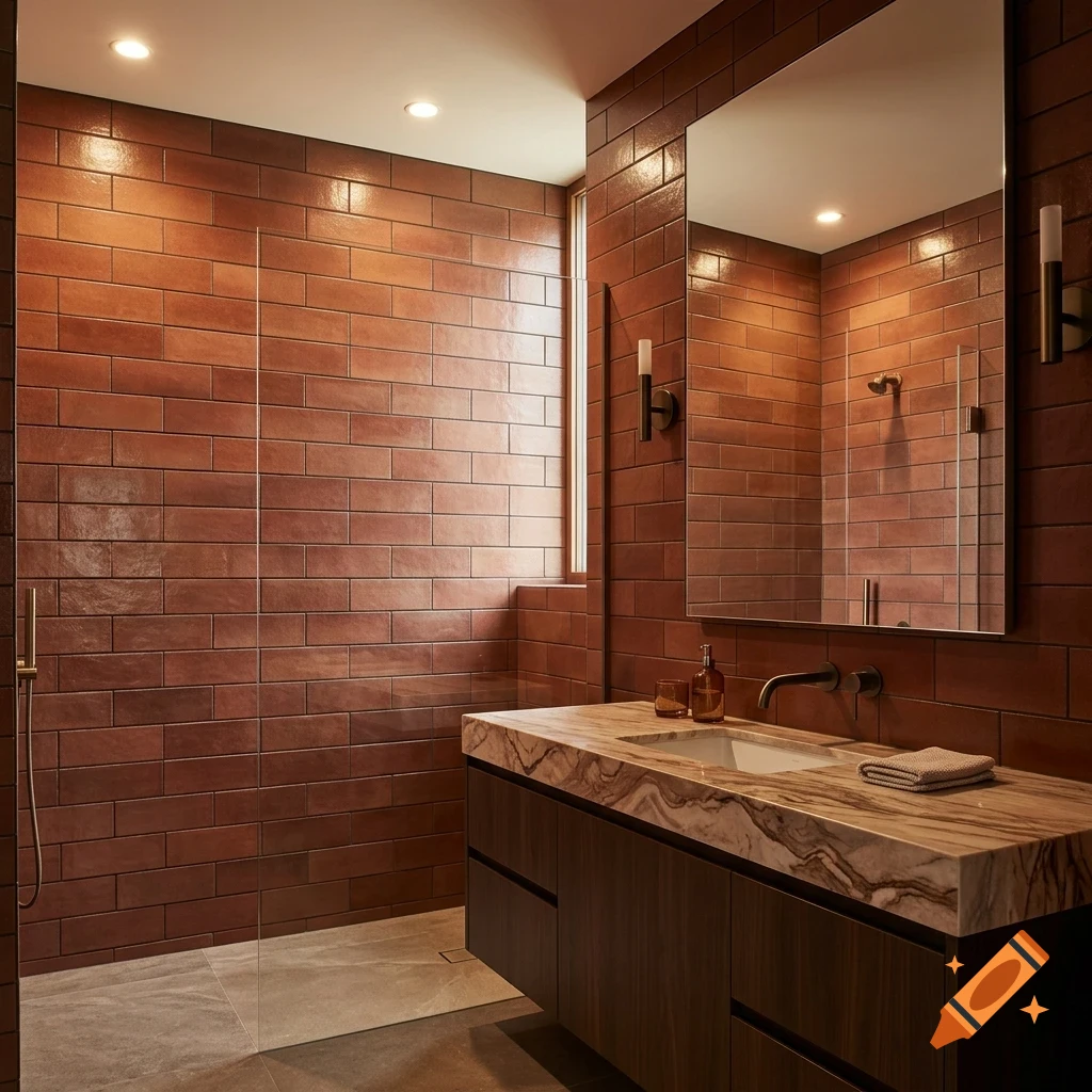 A modern bathroom features dark wood vanity cabinets with a marble countertop, a large rectangular mirror on a wall of glossy reddish brown tiles, and a walk-in shower enclosure with a glass partition.