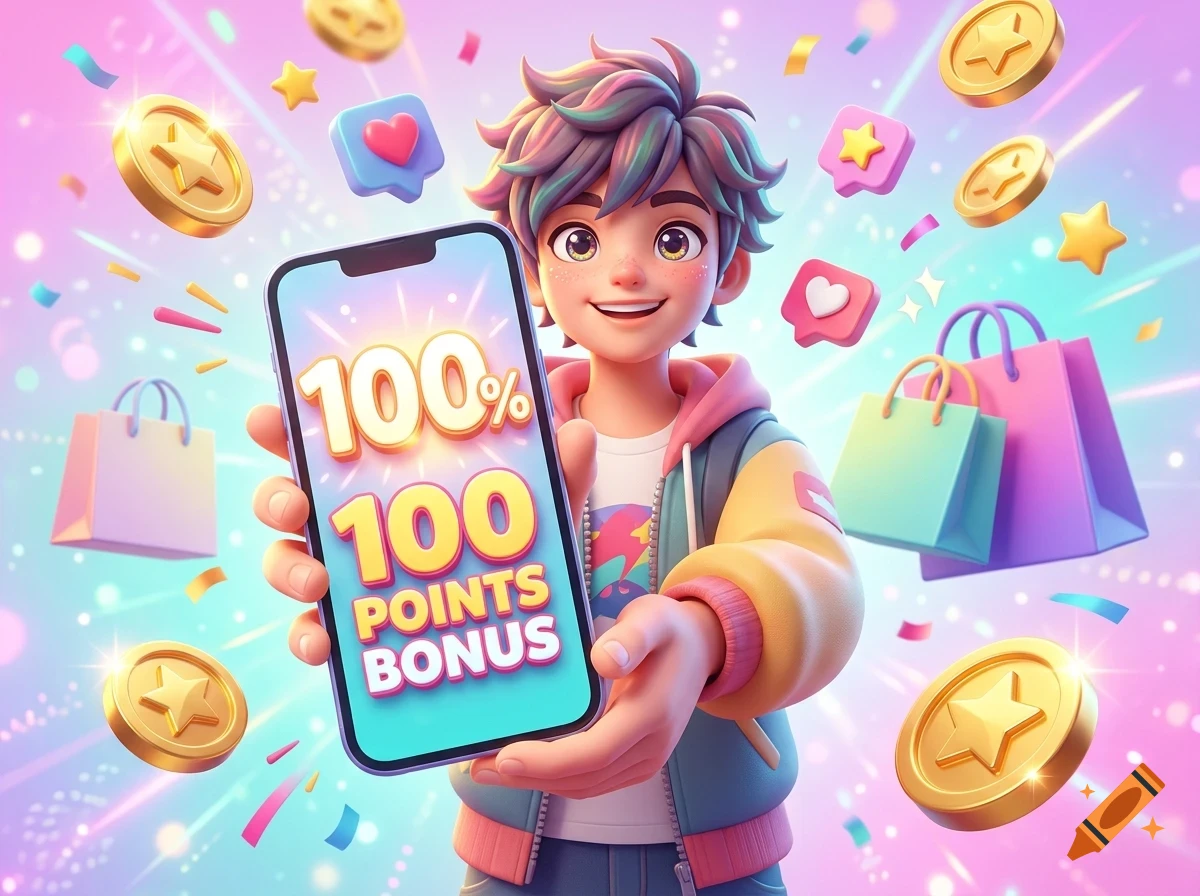A stylized 3D character holding a smartphone displaying points bonus text, surrounded by floating coins, shopping bags, and confetti on a pink background.
