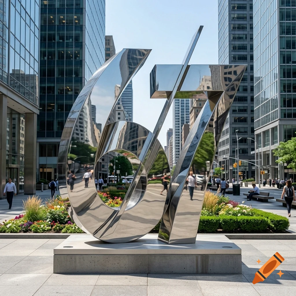 A large, highly polished stainless steel sculpture forming the numbers 67 stands in a city plaza surrounded by tall skyscrapers and pedestrians.