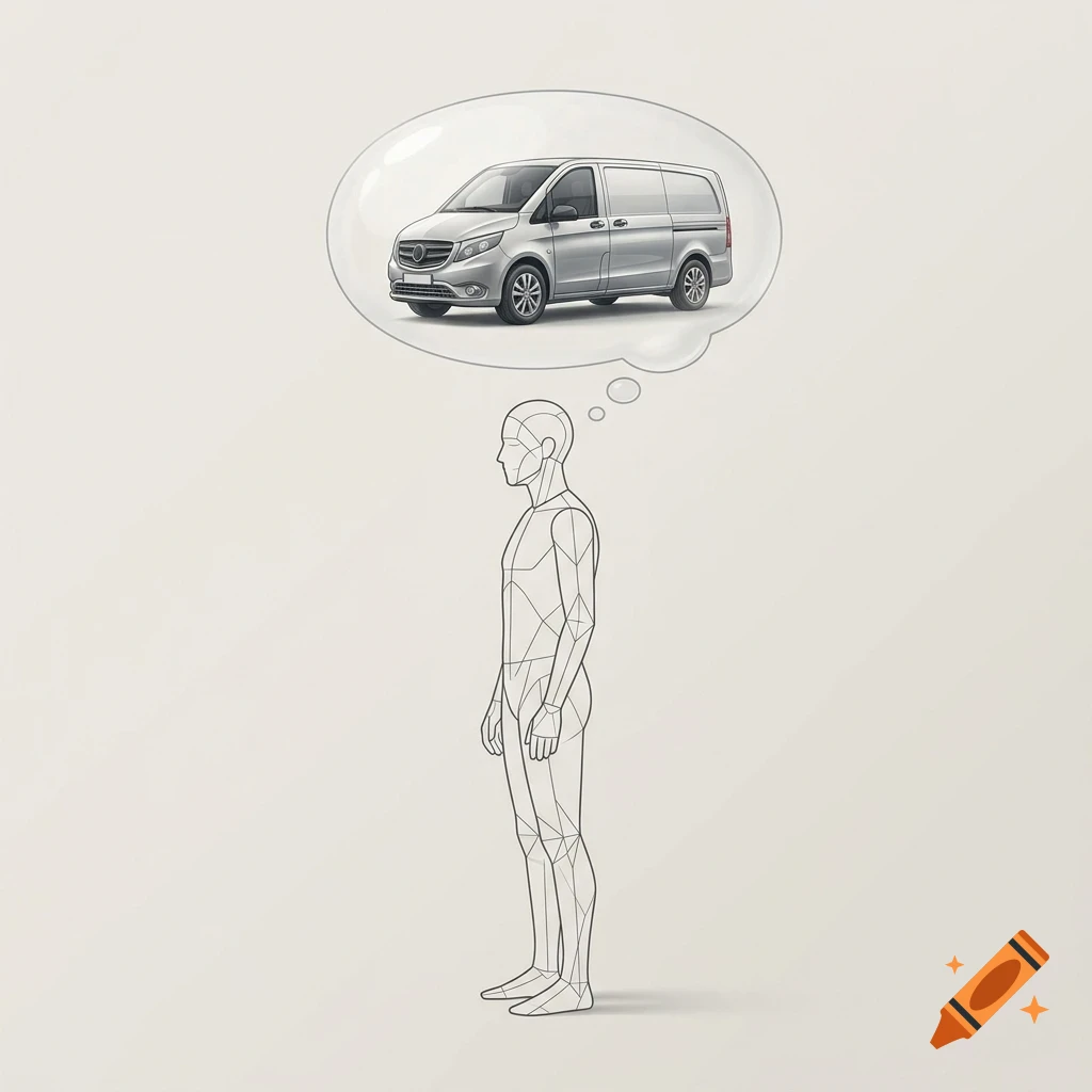 An outline drawing of a person standing, with a thought bubble above containing a detailed illustration of a silver cargo van.