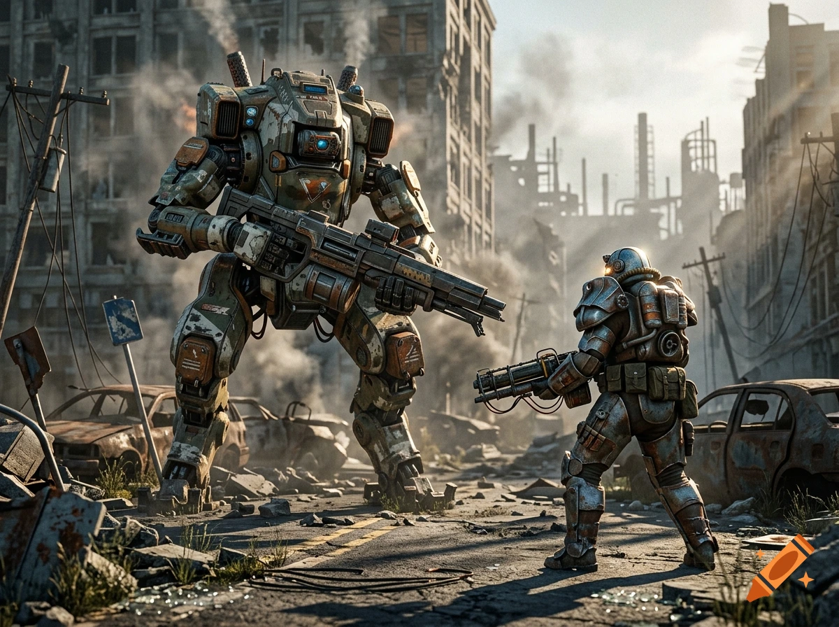 A futuristic mech standing in a ruined city street facing off against a heavily armored soldier in a post-apocalyptic setting, realistic style.