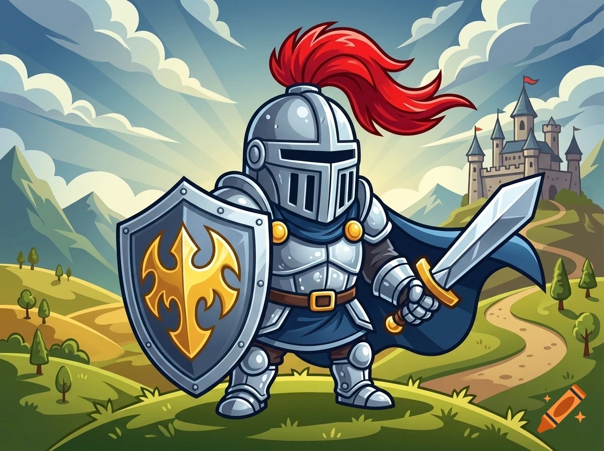 An illustration of a cartoon knight in full armor holding a sword and shield, standing in front of a castle.