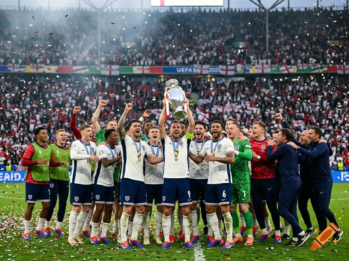 A team of male soccer players in white and blue uniforms celebrating a victory, lifting a large silver trophy in a packed stadium.