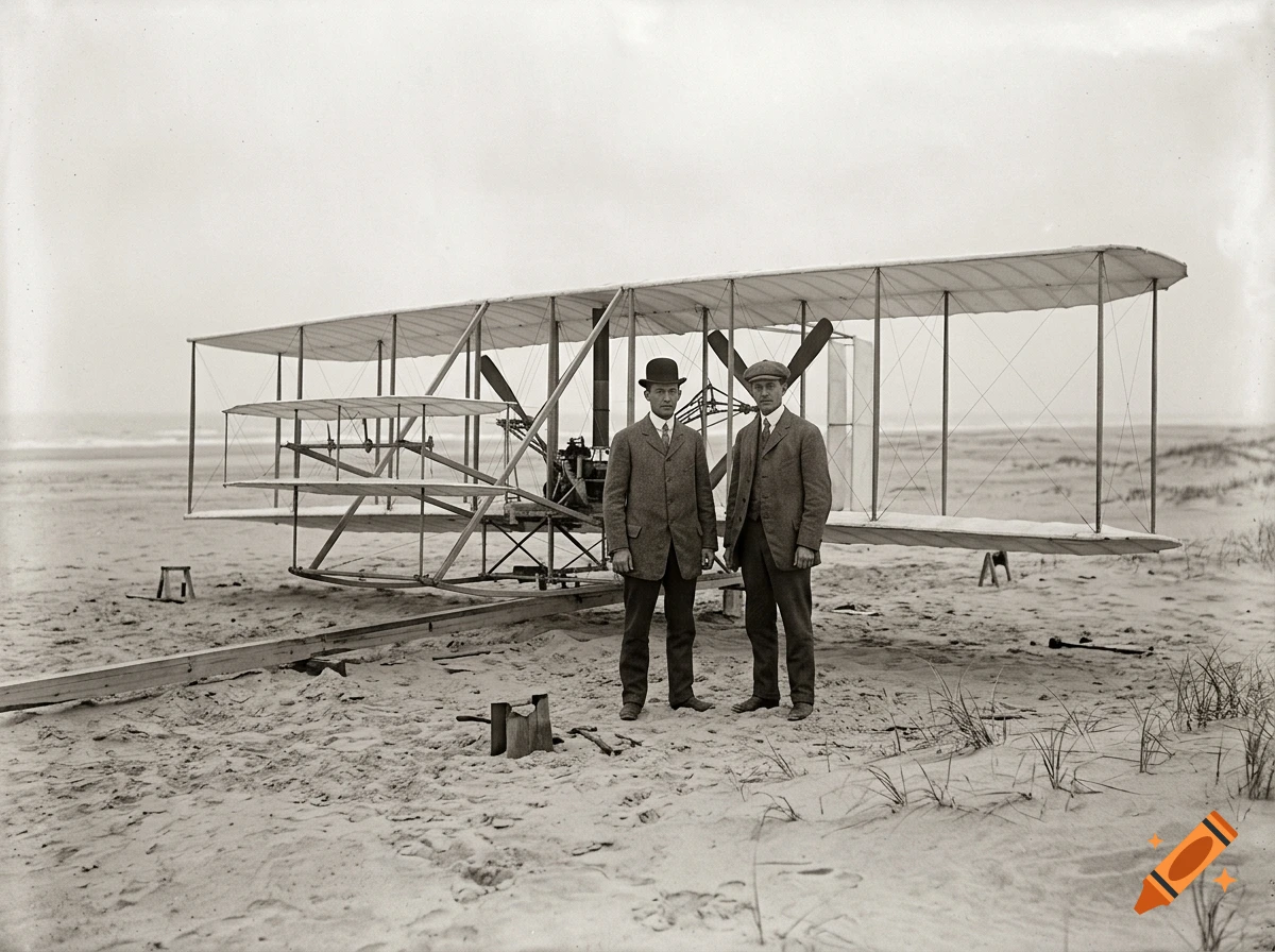 Vintage black and white photo of the Wright brothers standing in front of their early biplane on a sandy beach.