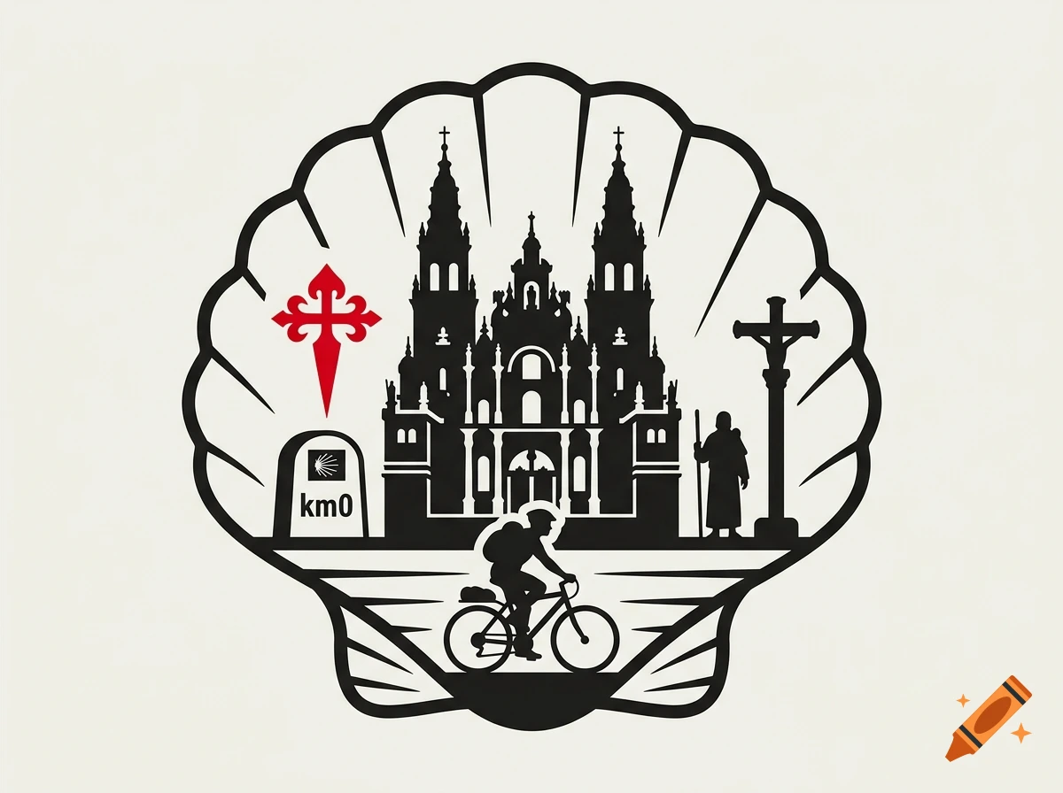 A black and white emblem featuring a large scallop shell containing a silhouette of a cathedral, a cyclist, a stone cross, a milestone marked 'km 0', and a red cross symbol.