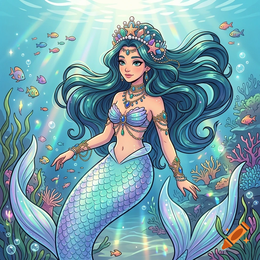 An illustration of a beautiful mermaid with long teal hair, a jeweled crown, and a seashell bodice, swimming in an ocean with coral reefs and small fish.