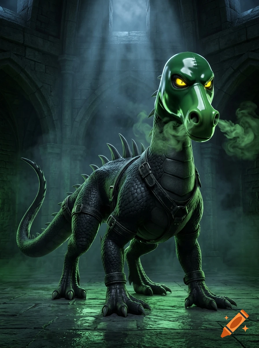 3D cartoon black dragon with a green latex mask and harness standing in a gothic stone arena.