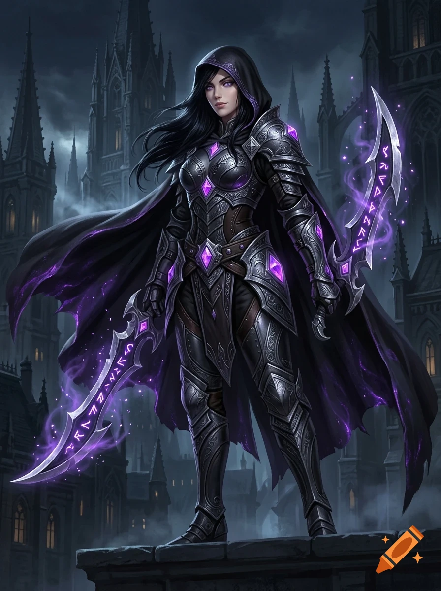 A female warrior wearing dark ornate armor with glowing purple gems and wielding two glowing purple curved swords, standing against a dark gothic city background.