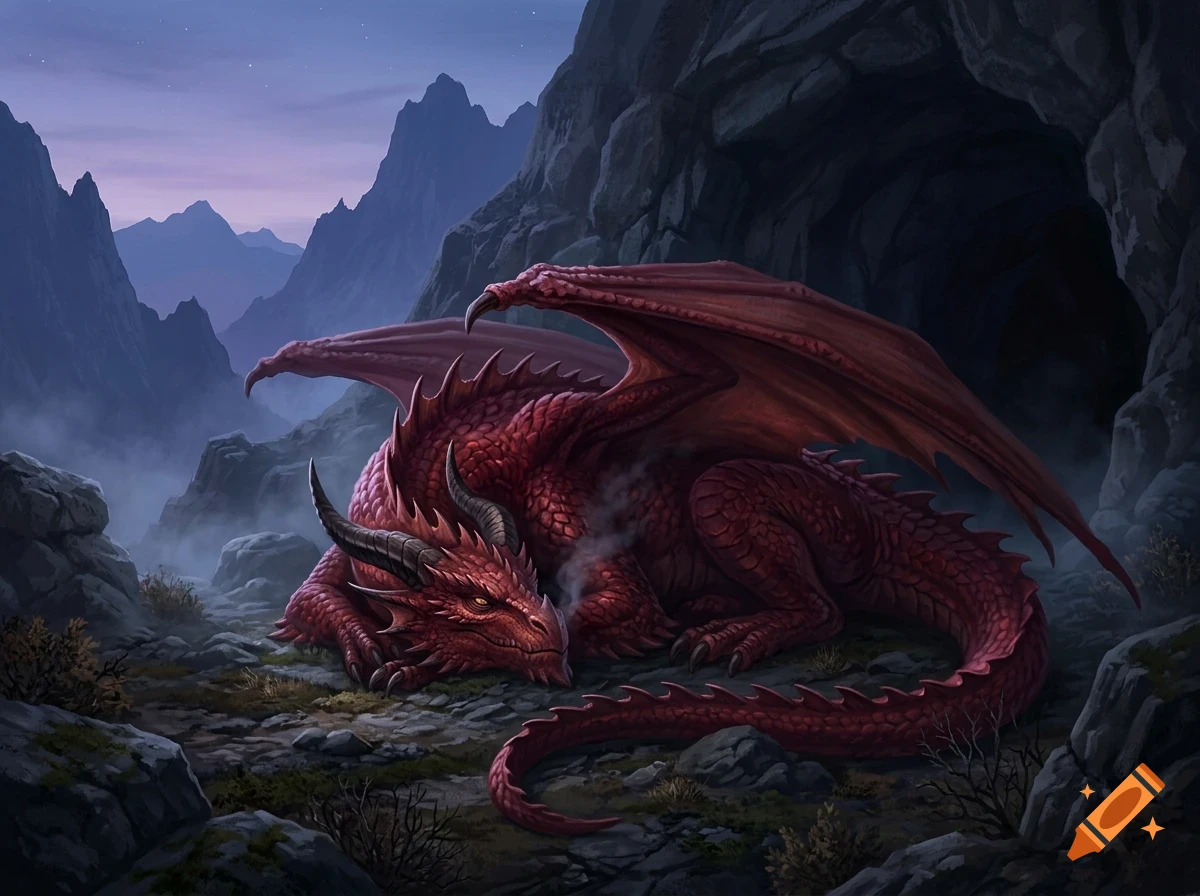 A large red dragon sleeps peacefully on rocky ground near a cave entrance amidst misty mountains at dusk.