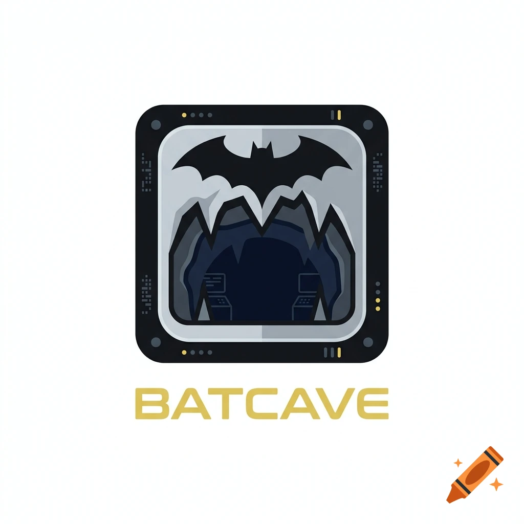 A stylized computer icon of the Batcave with the text BATCAVE below it.
