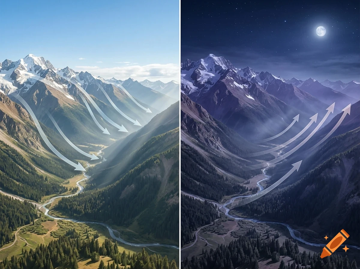 A split comparison image of a mountain valley, showing daytime katabatic winds flowing down slopes on the left and nighttime anabatic winds rising on the right.