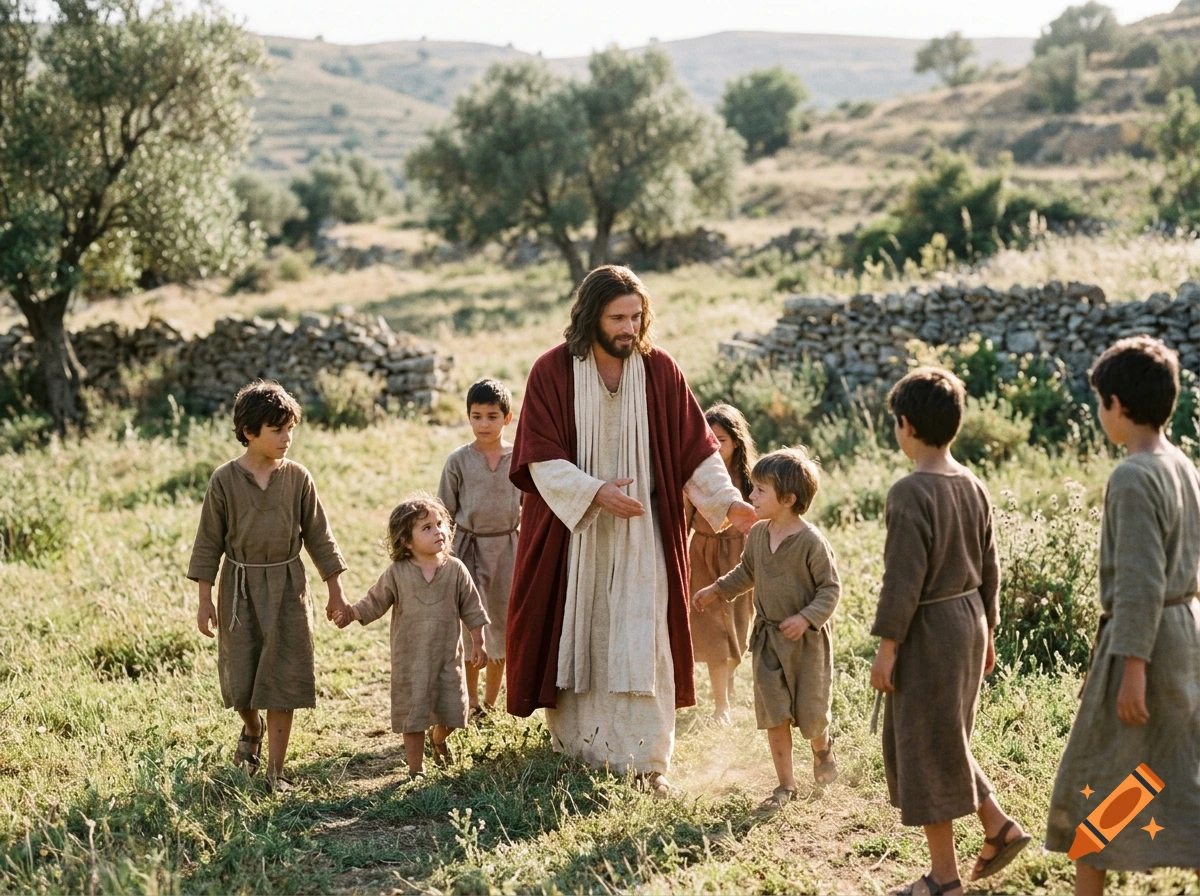 Photorealistic scene of Jesus wearing a white and red robe walking and talking with children in a grassy field.